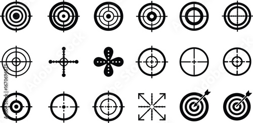 Target icons set with various bullseye and crosshair designs for precise aiming and focus vector illustration