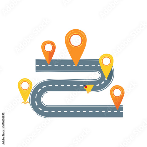 Stylized Road with Map Markers Depicting Travel Route for Navigation