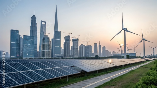 Cityscape featuring solar panels and wind turbines against a sunset sky, symbolizing green energy