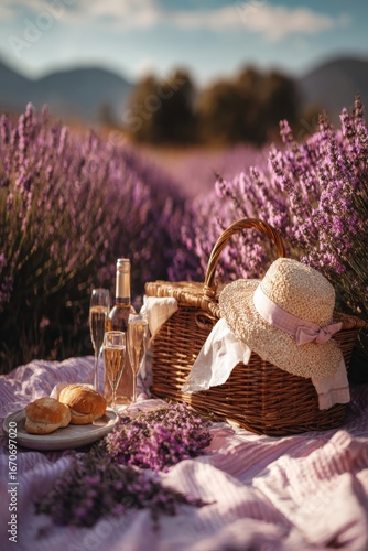Summer picnic with wine and cheese in the lavender field, outdoors, sunset light, Generative AI, nature