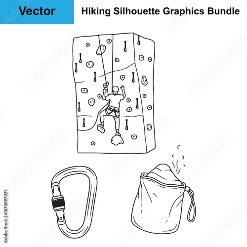 Rock Climbing Wall Carabiner Chalk Bag Silhouette Hiking Vector Bundle