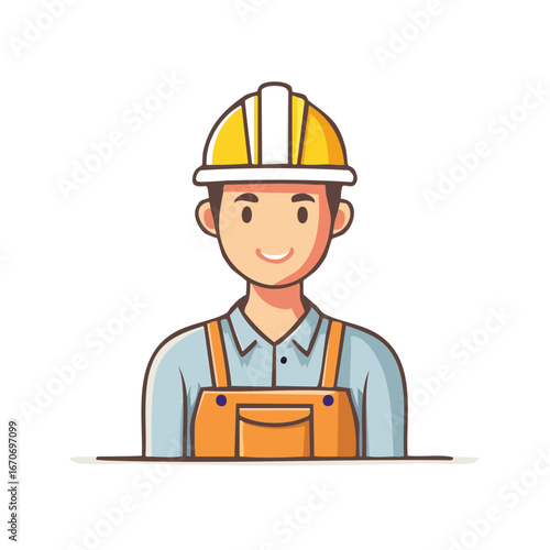 Smiling cartoon worker in a yellow hard hat and orange overalls professional occupation illustration