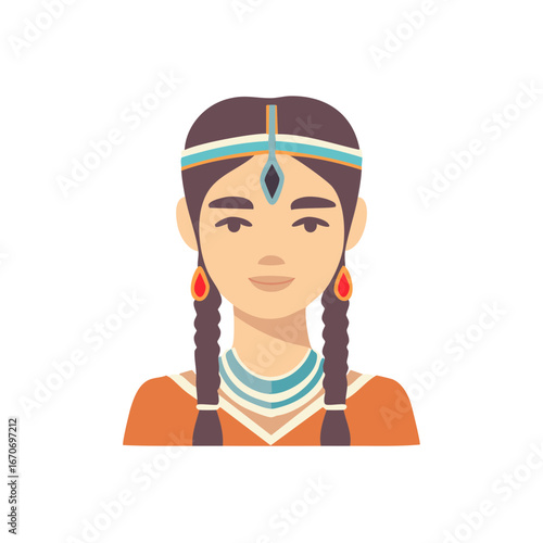 Portrait of a woman with braids wearing traditional headwear and jewelry