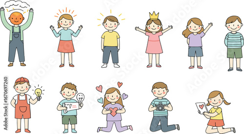 Cute children with different emotions and activities diverse kids showing feelings and playfulness vector illustration