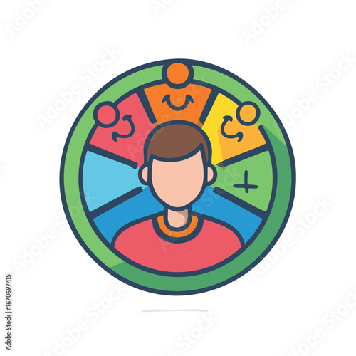 Person surrounded by colorful wheel representing choices and decisions. Concept of options.