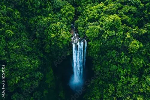 Waterfall is seen in the middle of a lush green forest