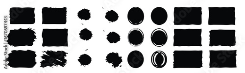 
Set of paint brush strokes, ink splatter and artistic design elements. Rough smears and stains. Ink brush strokes texture, grunge design, boxes, frames, banners. 