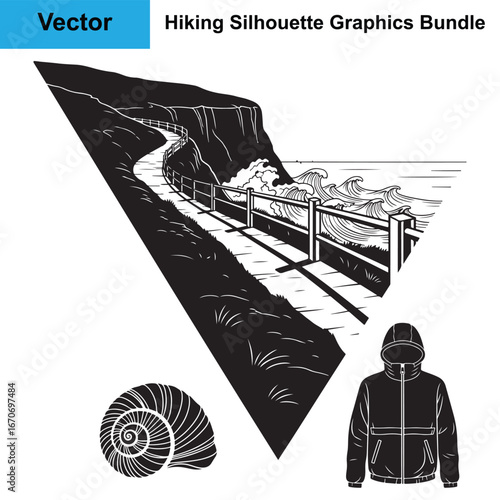 Coastal Cliff Path Seashell Windbreaker Jacket Silhouette Hiking Vector Bundle