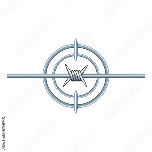 Barbed wire element inside a target sign isolated against a white background