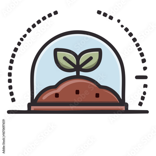 Seedling sprouting under glass dome showing growth cycle concept and cultivation metaphor with dotted lines