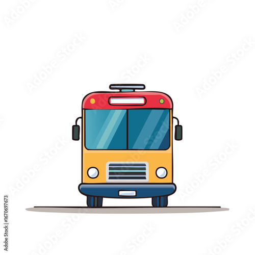Colorful bus illustration. Front view of a cartoon passenger vehicle with windows.