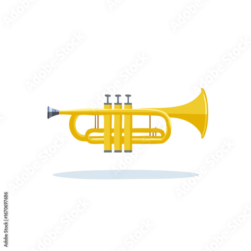 Isolated cartoon illustration of a yellow trumpet, musical instrument design
