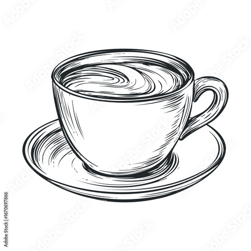 Hand drawn coffee cup on saucer for cozy cafe ambiance. Halloween vector illustration