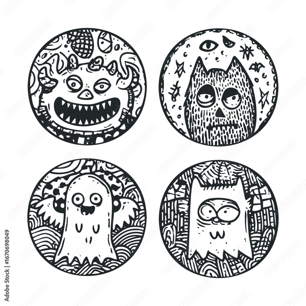 Fototapeta premium Fun and spooky cartoon characters for Halloween decorations. Halloween vector illustration