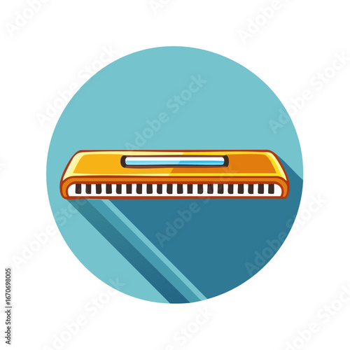 Cartoon Harmonica Musical Instrument Design on Circle, with Long Shadow
