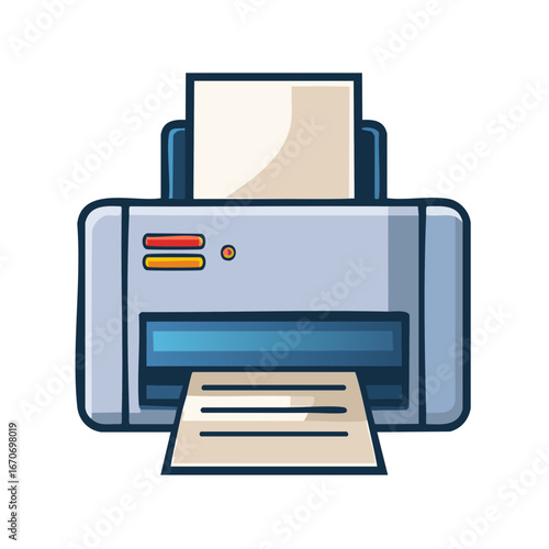 Vibrant vector illustration of a modern office printer feeding and printing paper documents