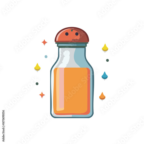 Orange Liquid in Shaker with Drops and Stars, Retro Style Illustration