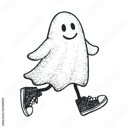 Playful ghost character in sneakers for Halloween designs and cards. Halloween vector illustration