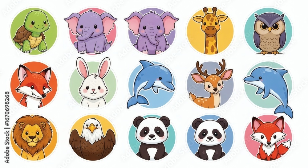 Obraz premium Collection of cute cartoon animals including a unicorn rabbit cat fox dog and panda