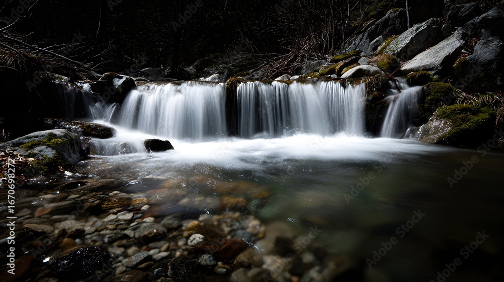 Fototapeta premium A tranquil waterfall cascades down mossy rocks, creating a serene ambiance in a shadowy woodland setting.