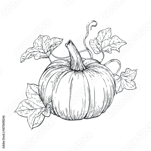 Hand drawn pumpkin with leaves for autumn decor or harvest celebration. Halloween vector illustration