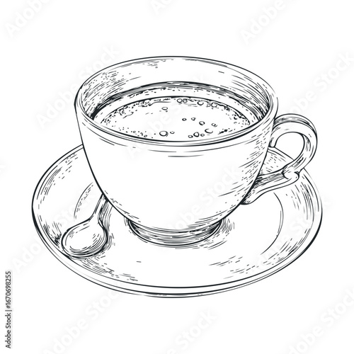 Sketch of a coffee cup on a saucer with spoon for design purpose. Halloween vector illustration