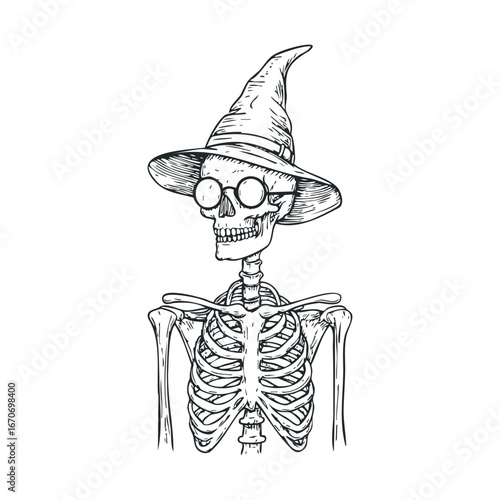 Fun Halloween skeleton wearing a witch hat for decoration. Halloween vector illustration