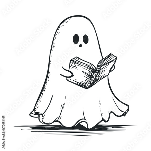 Ghost reading a book in a whimsical and playful style. Halloween vector illustration