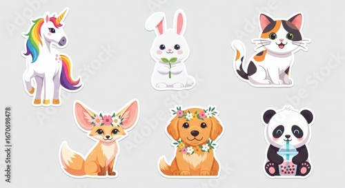 Collection of cute cartoon animals including a unicorn rabbit cat fox dog and panda