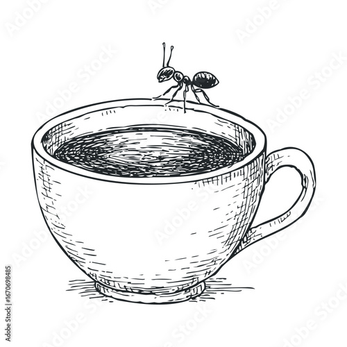 Ant on a steaming cup of black coffee with intricate details. Halloween vector illustration