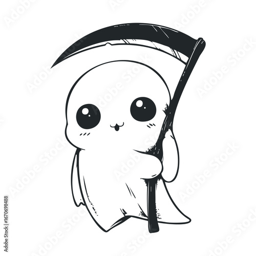 Cute ghost character with a scythe for Halloween decorations. Halloween vector illustration