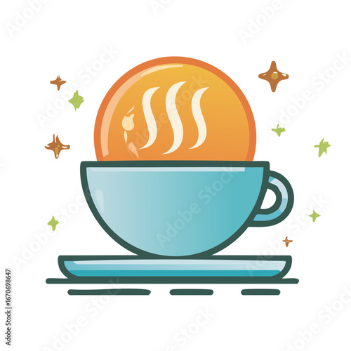 Illustration of a hot beverage in a stylized cup with steam and decorative elements.