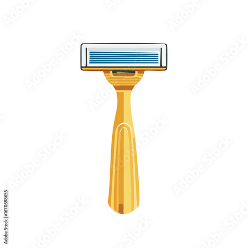 Single yellow disposable razor with blue strip and sharp blades for personal grooming