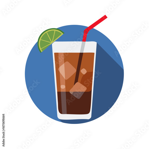 Refreshing Tall Glass of Iced Coffee or Cola with Lime and Straw
