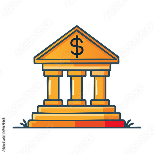Cartoon illustration of a building with dollar sign on roof, bank icon symbol