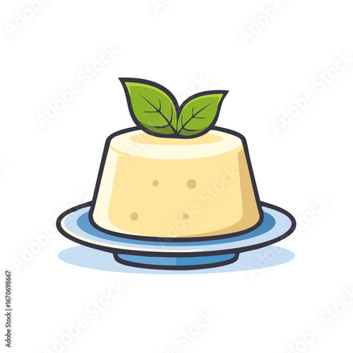 Tasty Dessert Plate with Creamy Flan Pudding and Fresh Mint Leaves Charming Vector Illustration