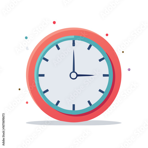 Colorful analog clock illustration, time concept. Red, blue and teal tones.