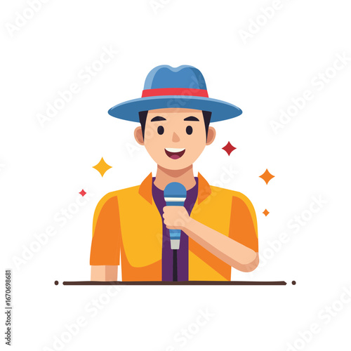Cartoon entertainer with blue hat and microphone, singing and smiling.