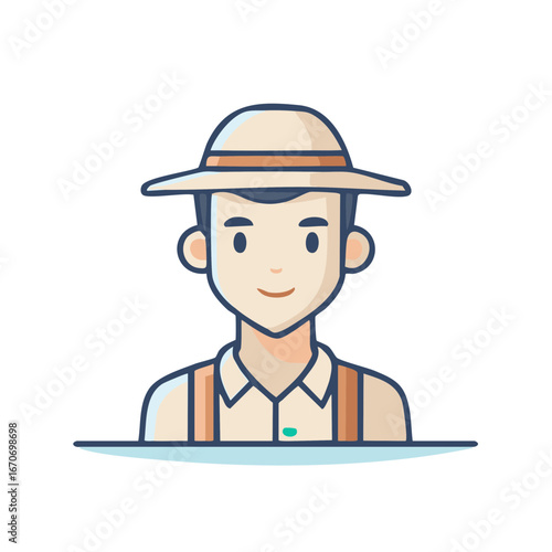 Illustration of a smiling man wearing a sun hat, collared shirt, and suspenders in a vintage style