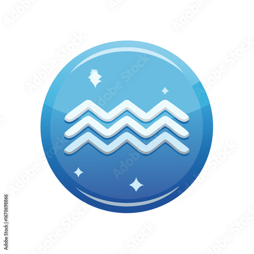 Aquarius zodiac sign icon with water waves, astrological symbol with gradient blue circle and shimmering stars, astrology concept