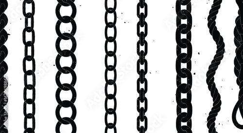Various black chain vector patterns with different link shapes and styles for graphic design and decoration