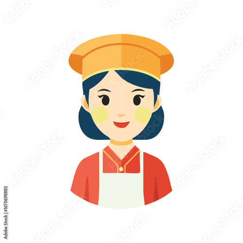 Smiling female chef with apron in flat design wearing a toque and red shirt for cuisine jobs and culinary arts