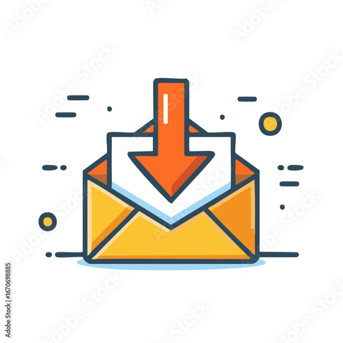 Incoming email message notification concept with an open envelope and a downward pointing arrow symbol