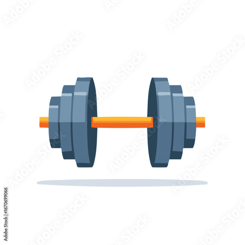 A single modern barbell with gray weights and orange bar isolated on white background