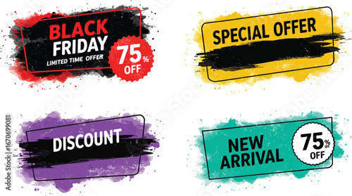 Colorful sale badges with black friday discount special offer and new arrival labels vector illustration