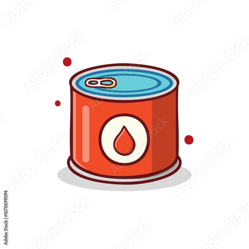 Red metal food can with a pull-tab lid and a circular label featuring a drop icon