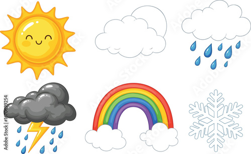 Cartoon Weather Icons Set with Sun, Cloud, Rain, Lightning, Rainbow and Snowflake for Kids, Forecast, Education and Design Use