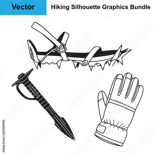 Winter Snow Crampon Avalanche Probe Insulated Glove Silhouette Hiking Vector Bundle