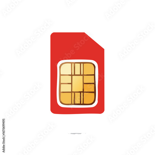 Red SIM card with golden chip for phone, smartphone data, communication, device