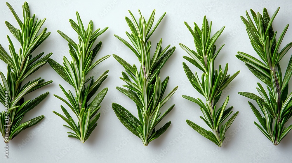 Fototapeta premium Fresh rosemary sprigs arranged in a row on a white background a culinary photo.